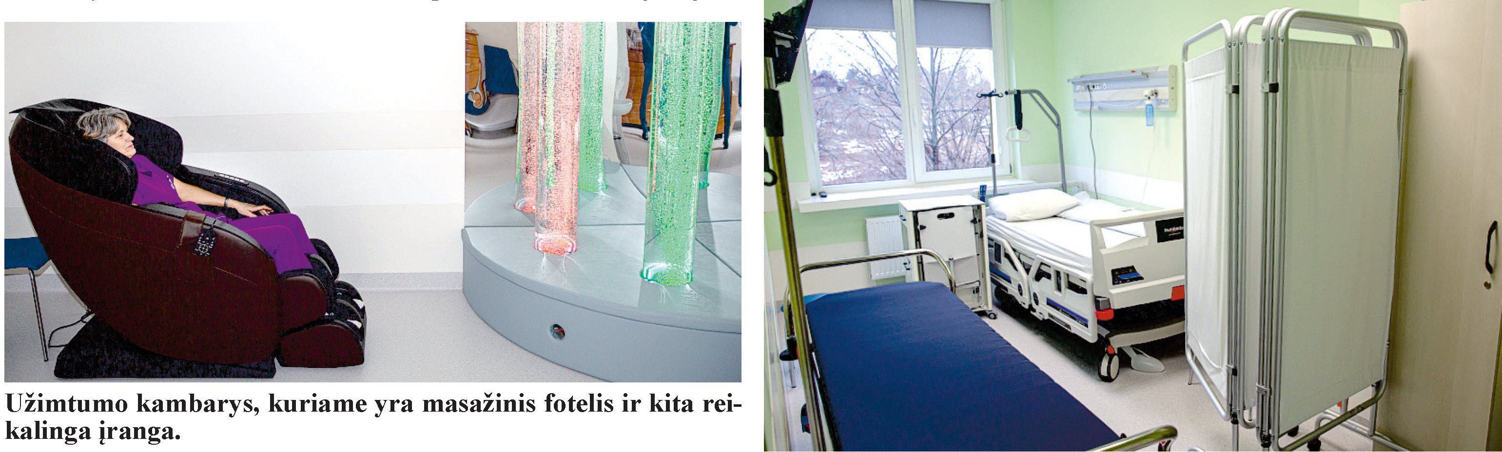 Užimtumo kambarys, kuriame yra masažinis fotelis ir kita reikalinga įranga
